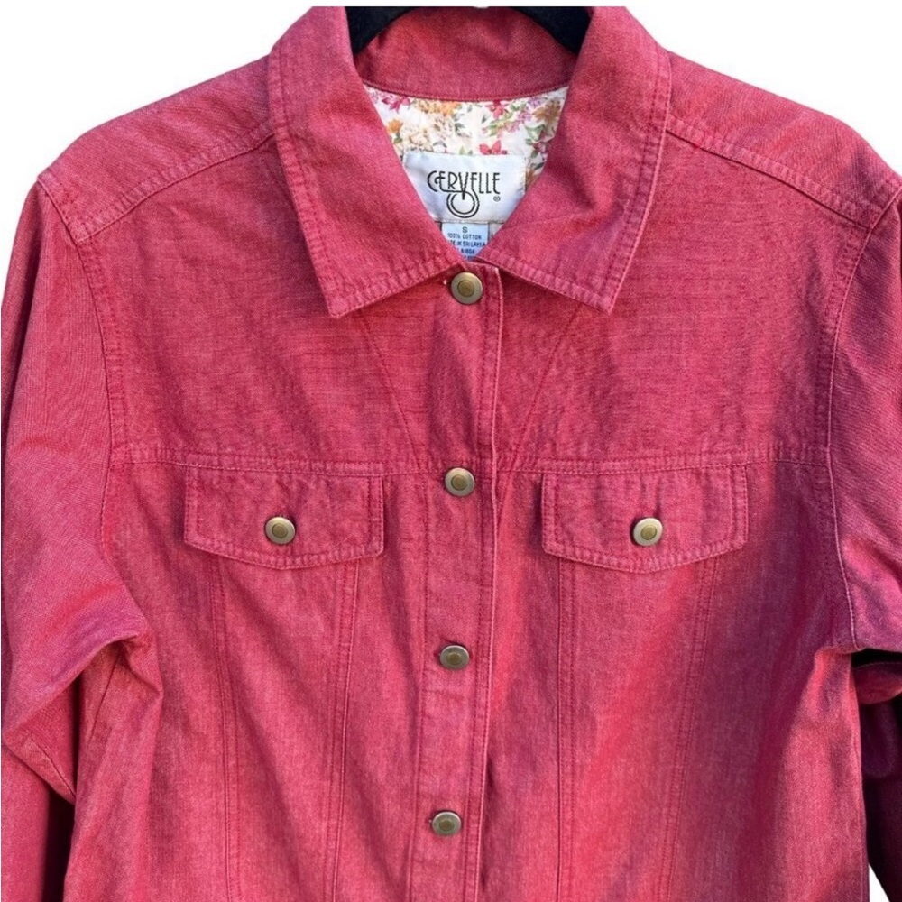 Cervelle Vintage Lightweight Red Denim Boho Button Down Floral Cuffs Jacket S